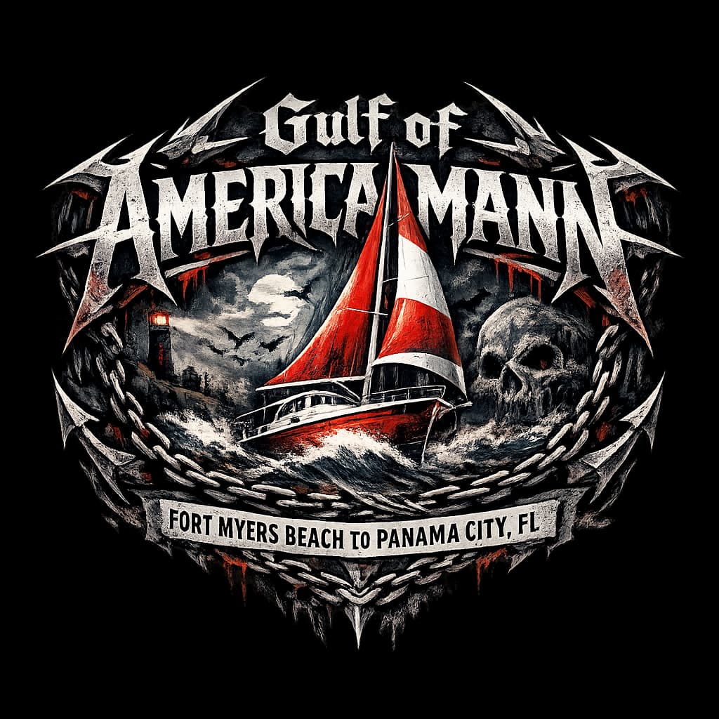 Heavy metal band logo for 'Gulf of America Mann' with nautical theme and sailboat
