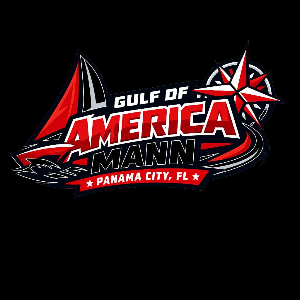 Vibrant logo for Gulf of America Mann with blocky typography, red and white colors, sharp edges, modern look, nautical elements like a sailboat or compass, and a transparent background.