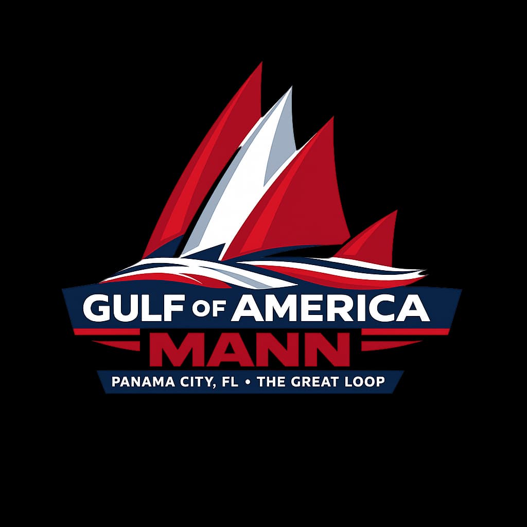 Nautical-themed logo for Gulf of America Mann with sail motifs and red and white color scheme.
