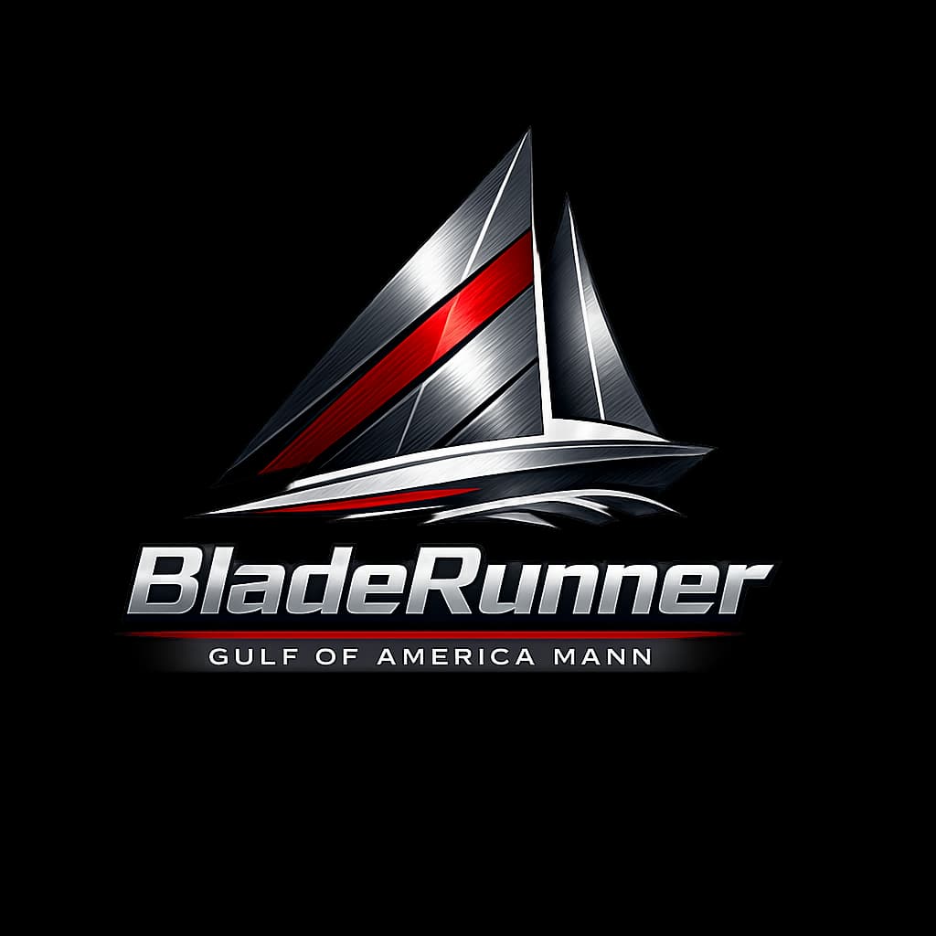 Logo for BladeRunner with nautical theme and metallic gray stripes