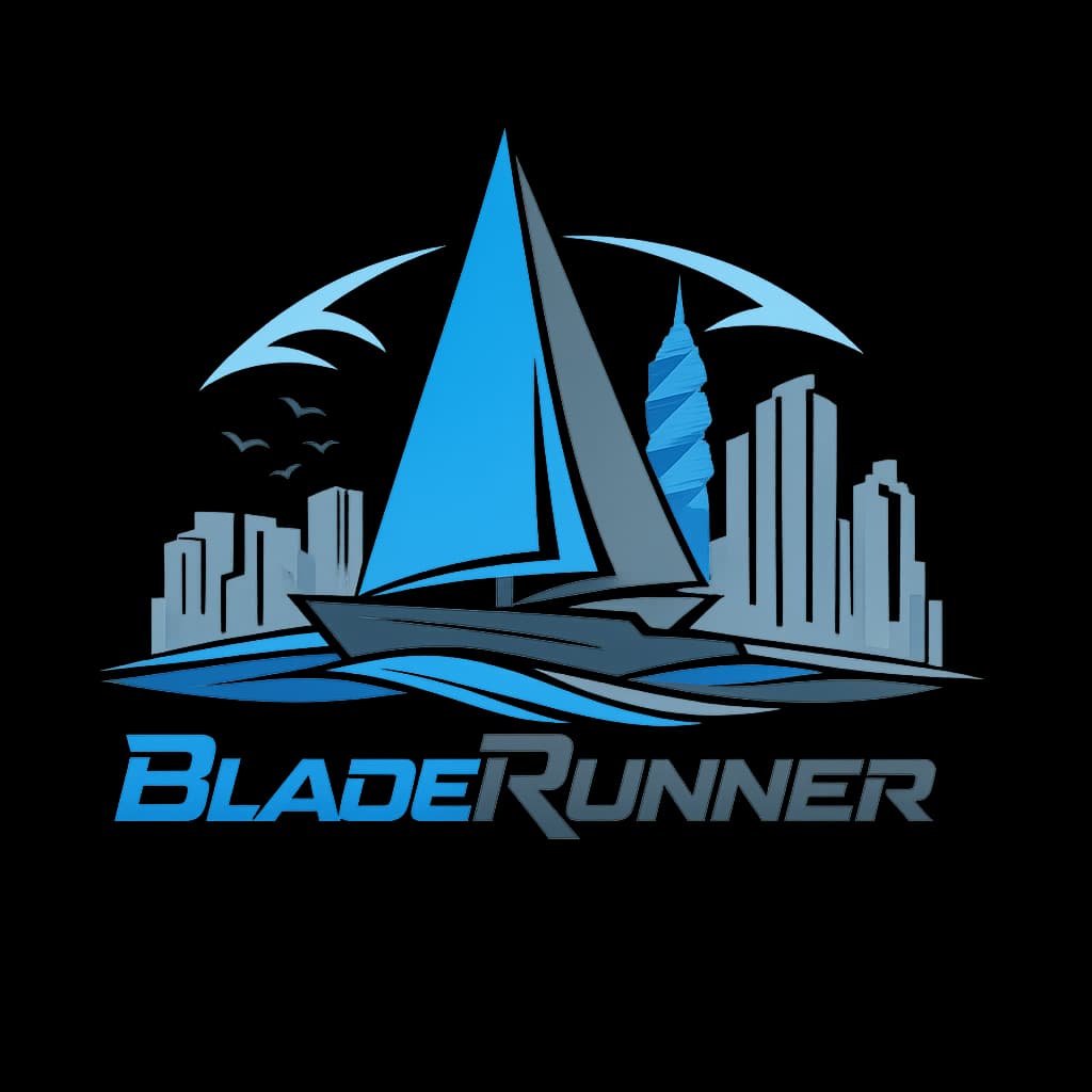 Logo design for Gulf of America Mann with sailboat silhouette and modern BladeRunner typography