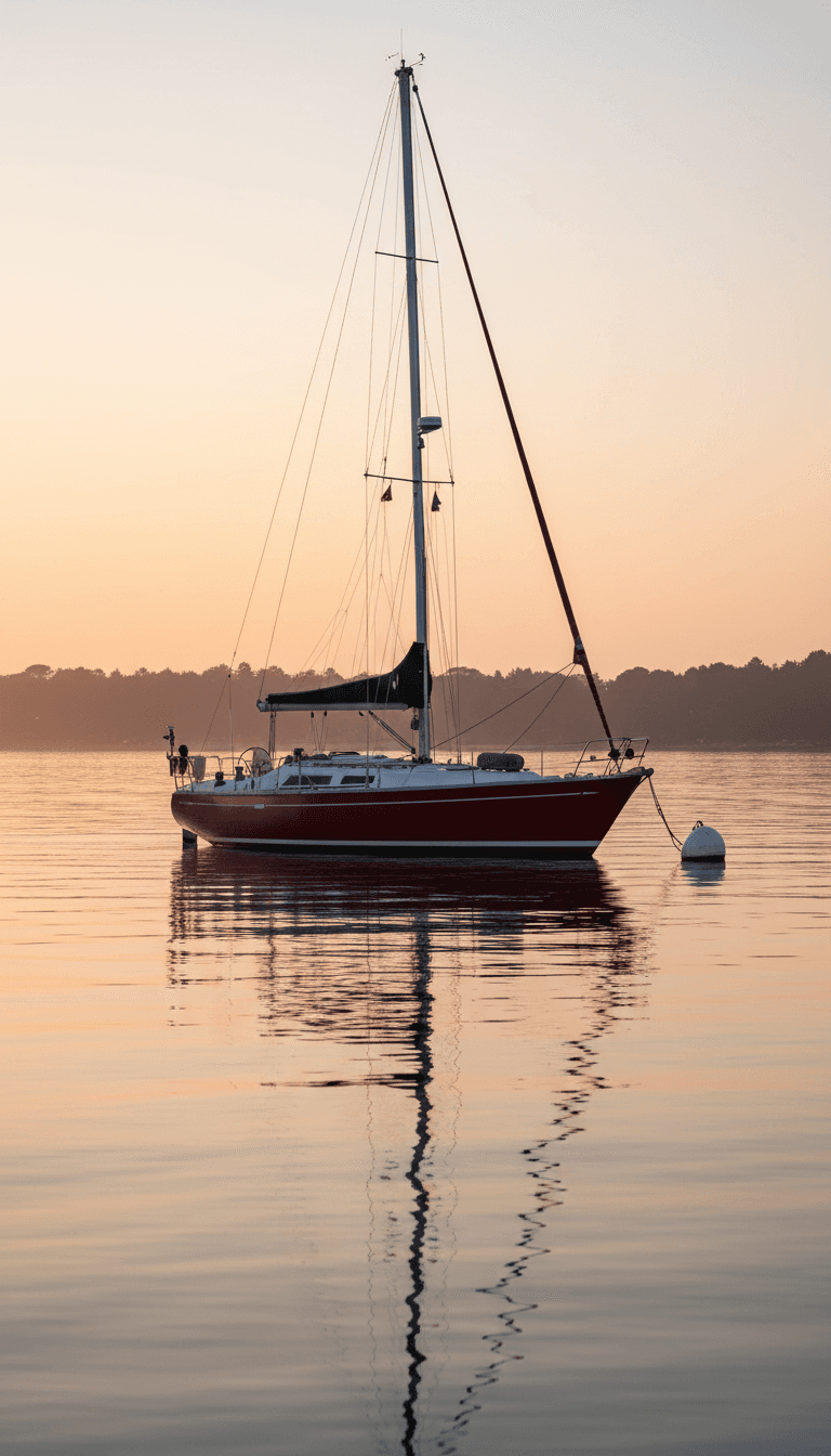 BladeRunner anchored in calm coastal waters at golden hour