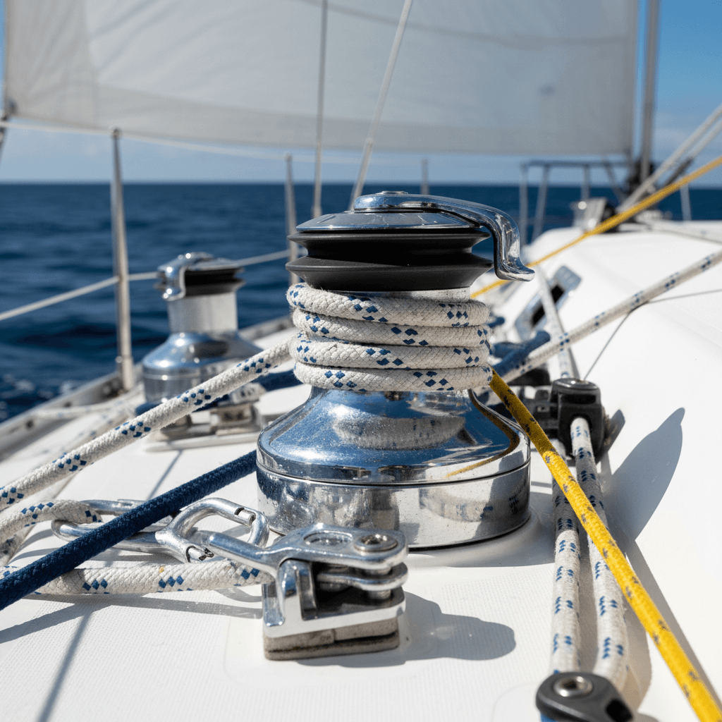Close-up of BladeRunner's sailing rigging and deck details