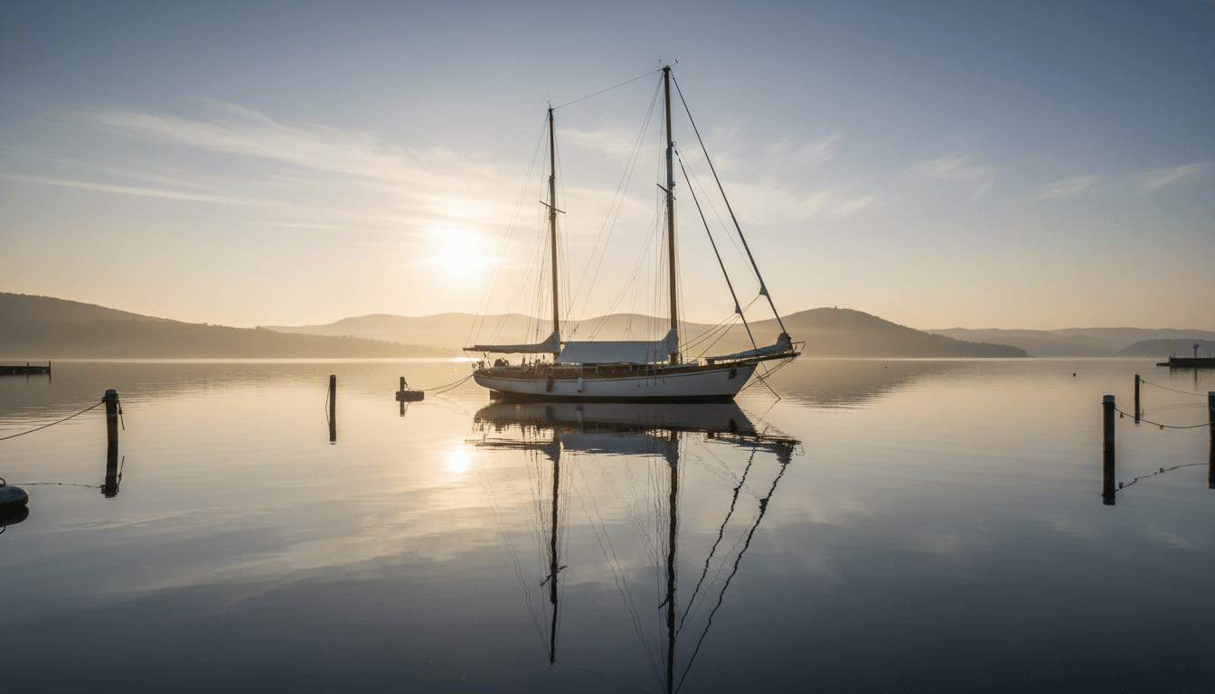 Sailboat anchored in calm water with mirror-like reflection