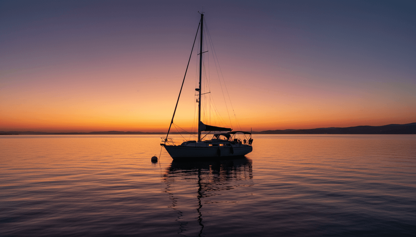 BladeRunner anchored at dusk with warm cabin lighting