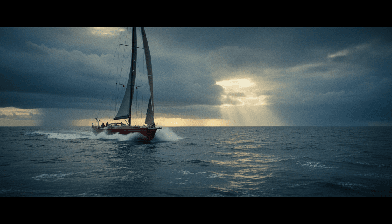 BladeRunner sailboat with dramatic cloudy sky and white wake