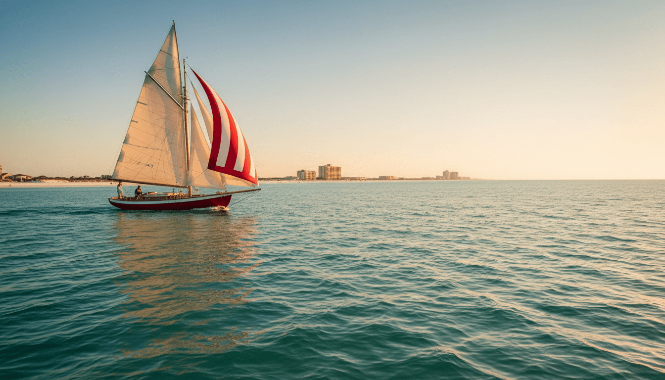 Red and white sailboat sailing on Gulf waters near Panama City, Florida
