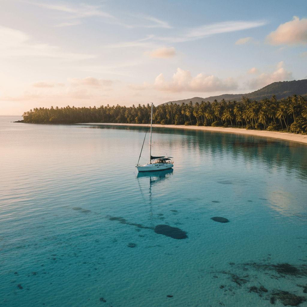 Sailboat anchored in shallow turquoise bay