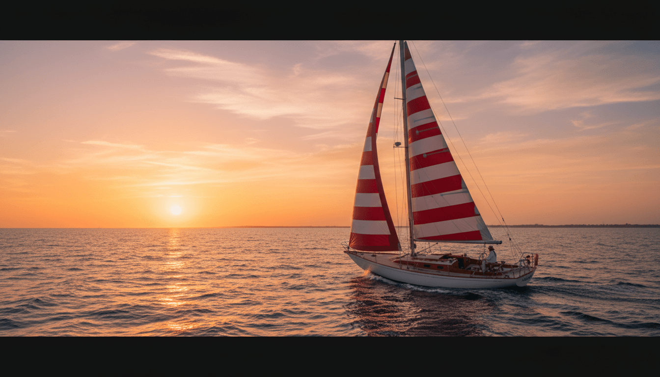 Red and white sailboat on open water with full sails catching the wind during sunset