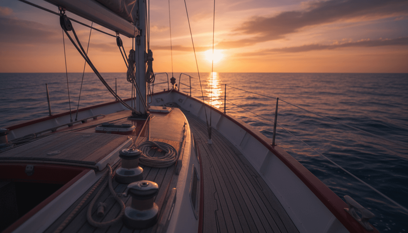 Red and white sailboat at golden hour with deck details and open horizon