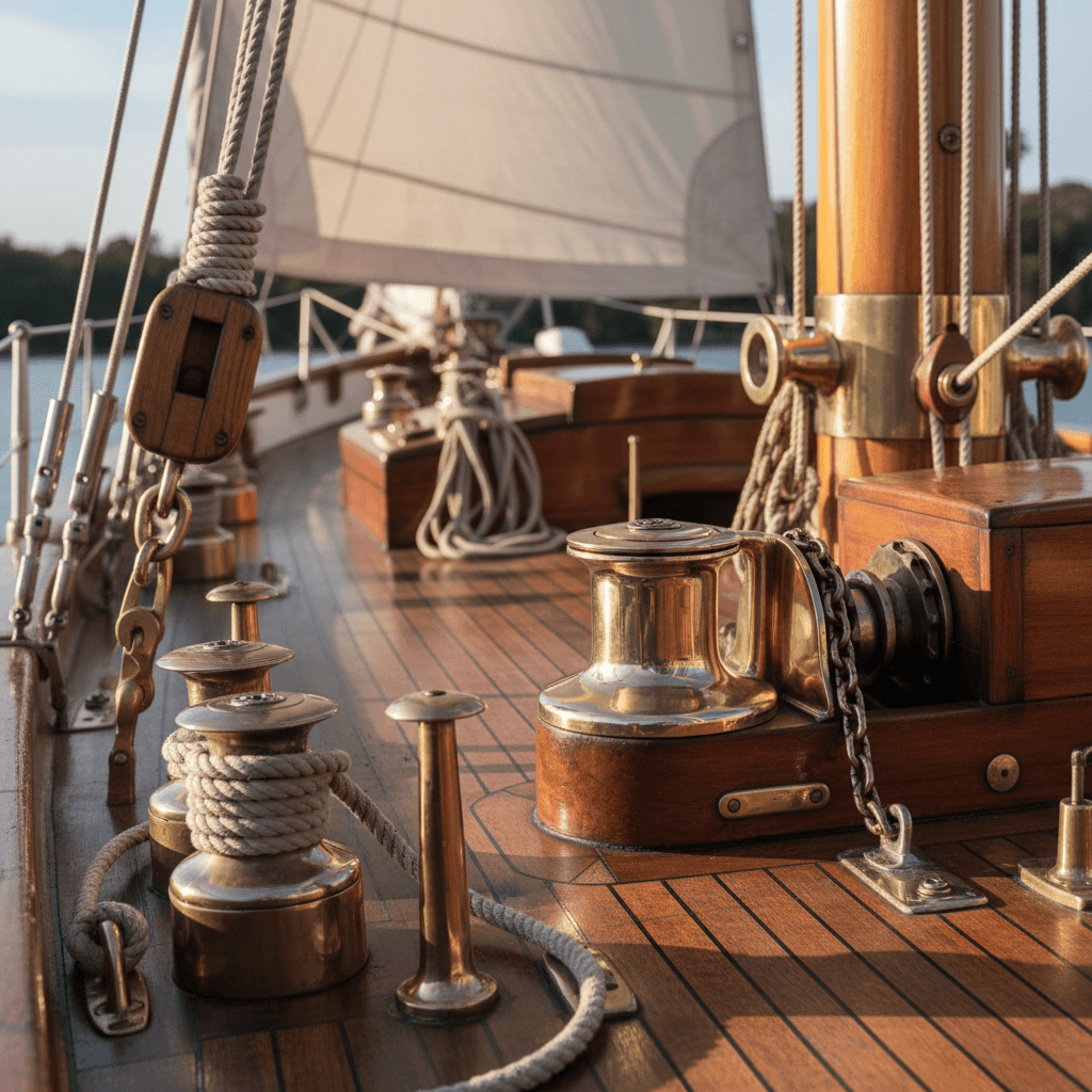 Restored sailboat deck and nautical equipment