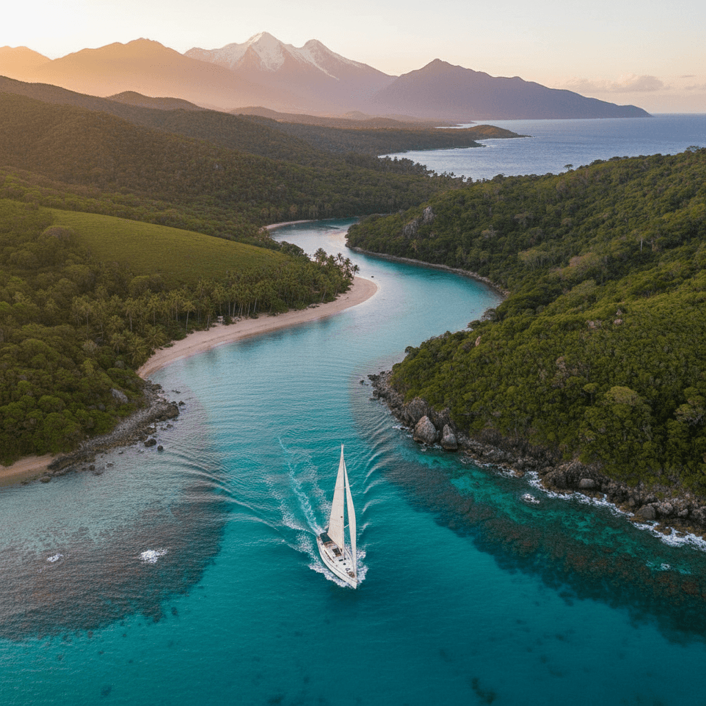 aerial view of sailboat moving through scenic waterway with surrounding landscape
