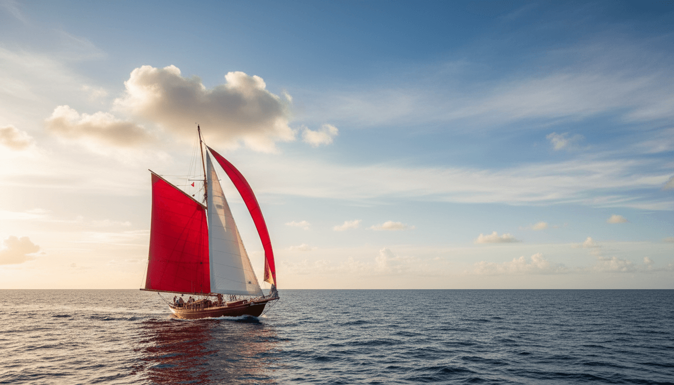 Red and white sailboat sailing on open water with clear blue sky