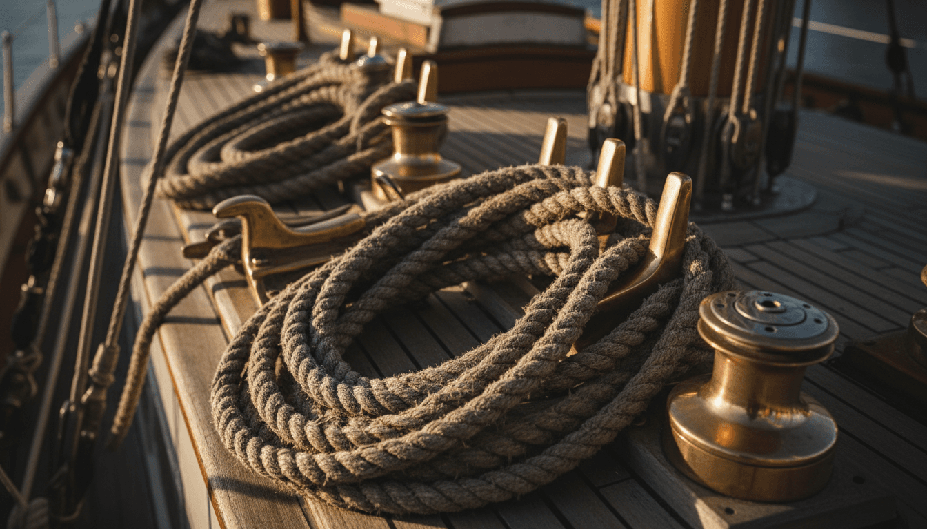 Close-up detail of rope and brass hardware on restored sailboat