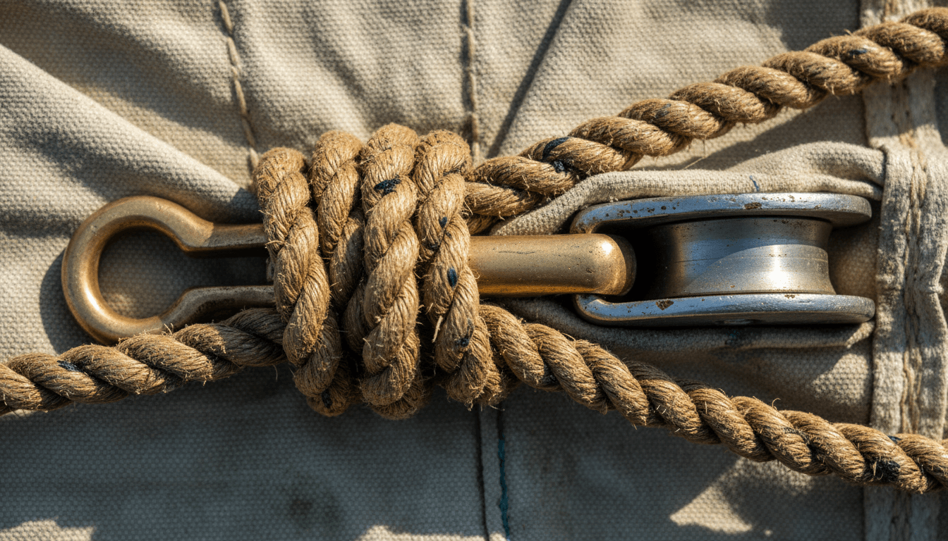 Close-up detail of weathered rope and canvas sail texture