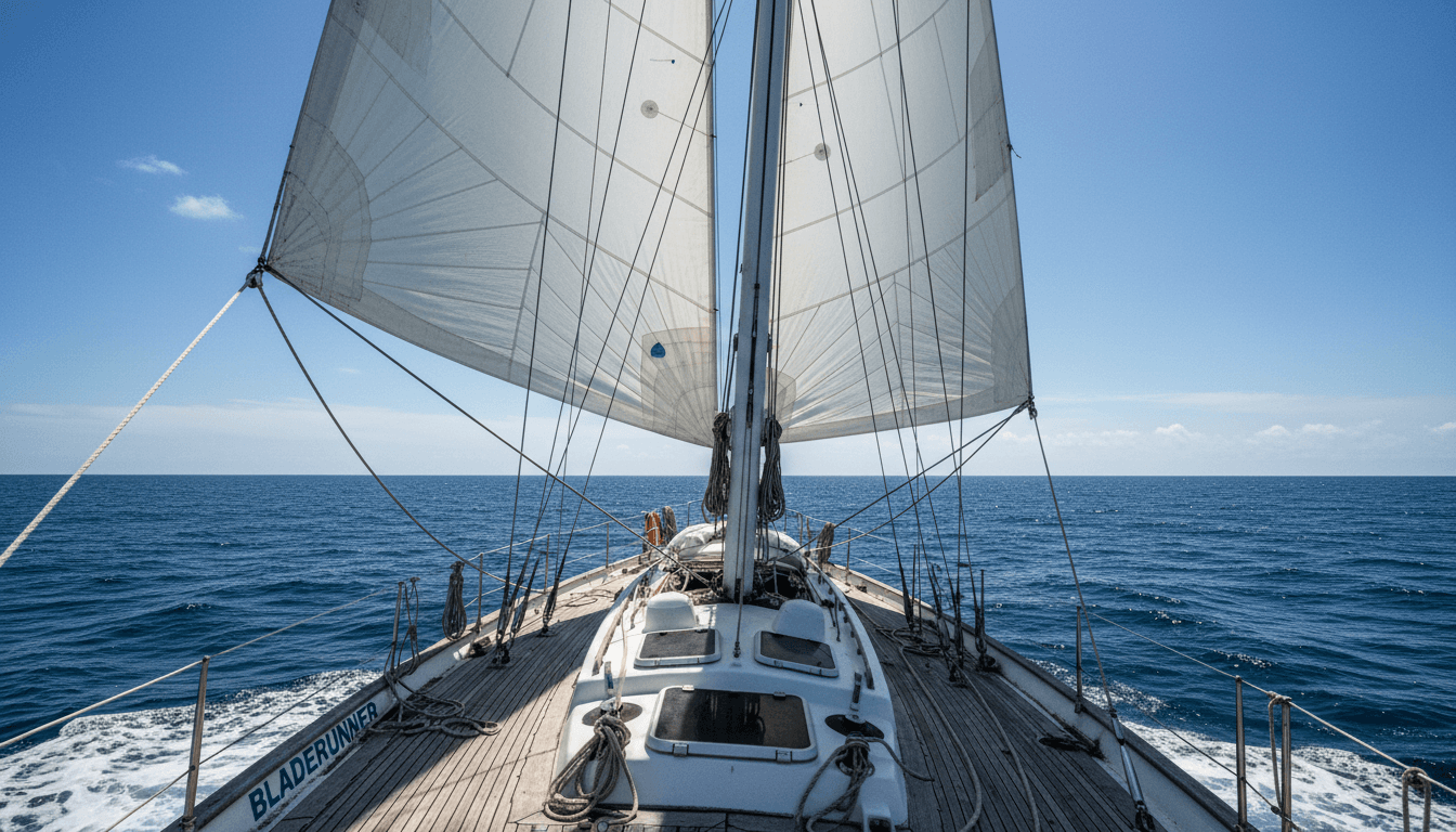 BladeRunner deck view along length of sailboat with raised sails