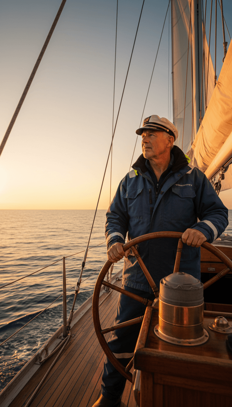 Sailor at the helm of a sailboat during golden hour