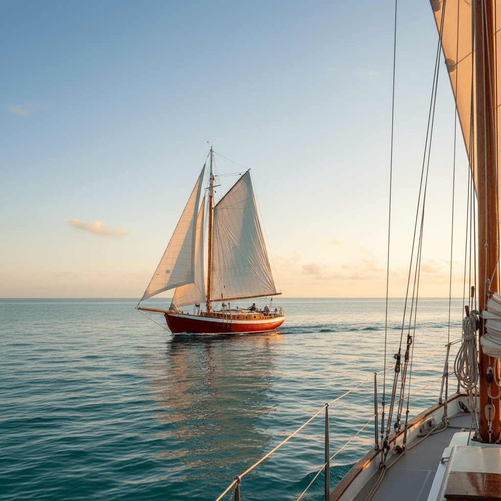 Red and white sailboat under full sail on Gulf waters