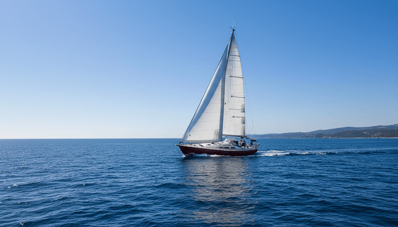 Red and white sailboat sailing on open water with billowing sails
