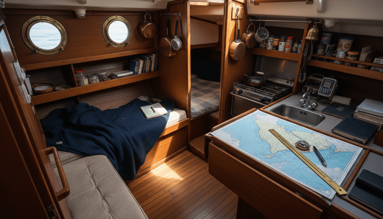 Interior cabin view showing the sailboat's living space