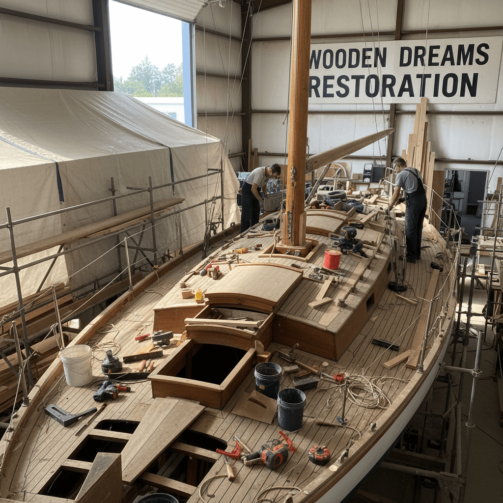 Restoration work on the sailboat deck