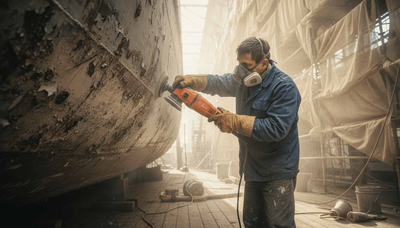Active hull restoration work with sanding and surface preparation