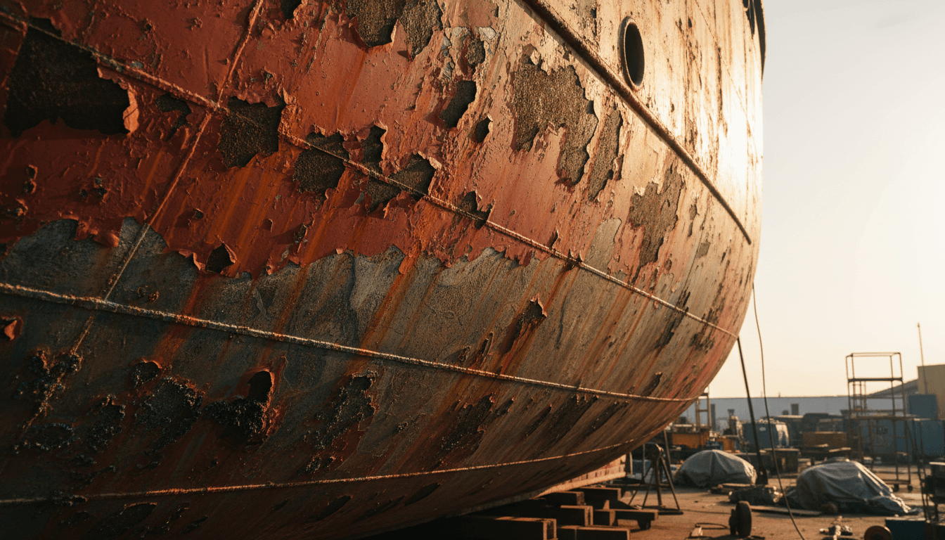 BladeRunner's corroded hull and damaged sections before restoration work began