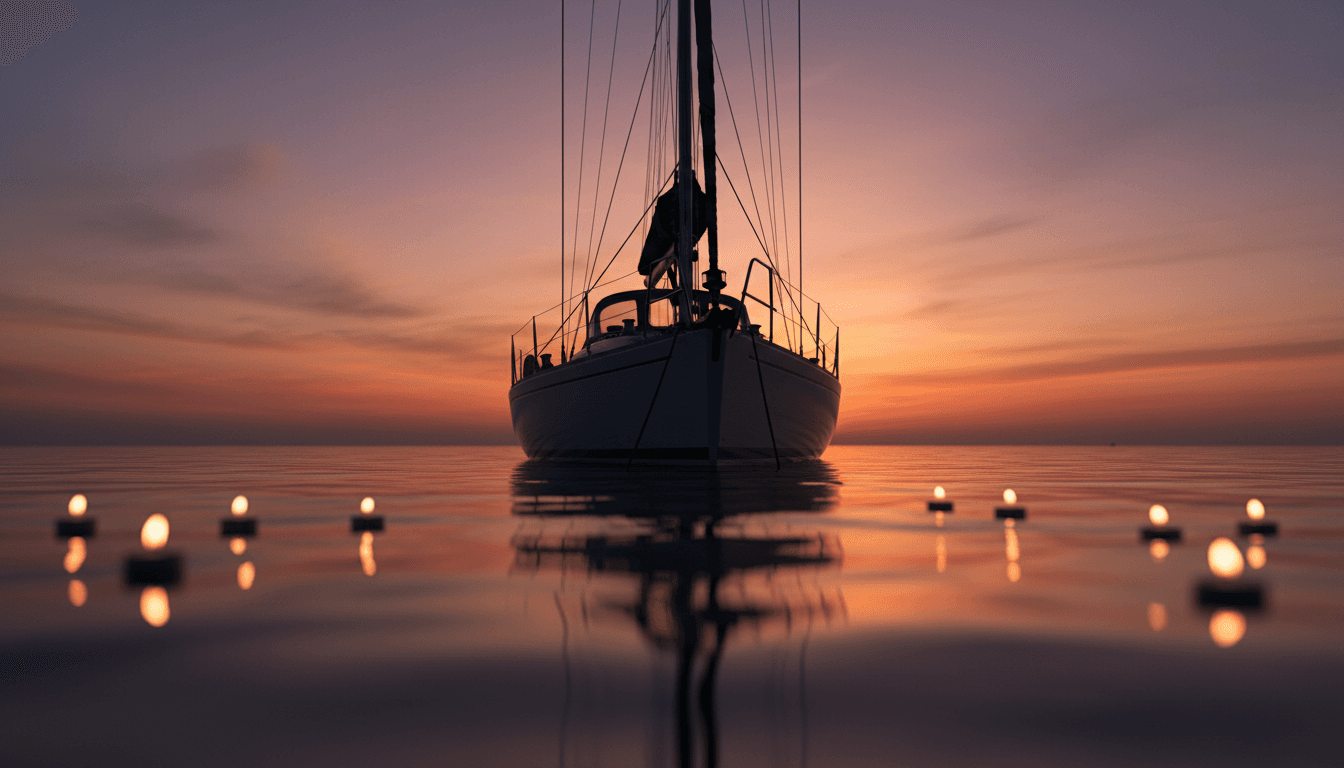 Silhouetted sailboat mast at sunset with calm water reflection