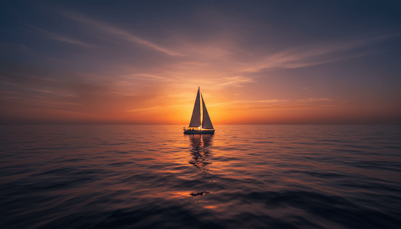 Sailboat with full sails on open water at golden hour