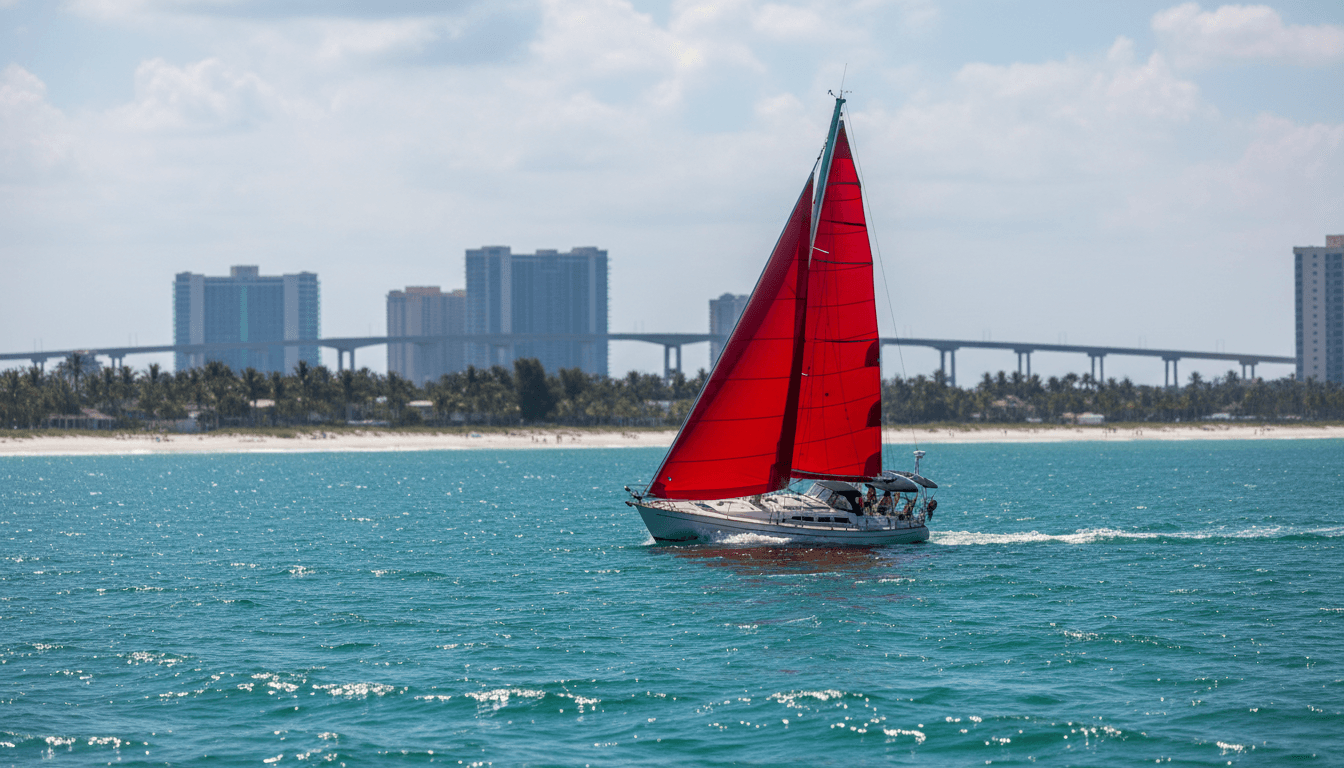 Sailboat sailing through coastal waters with land visible