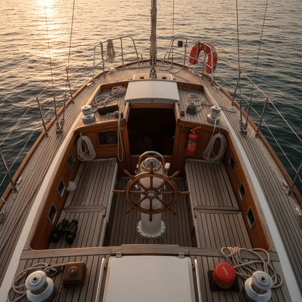 Overhead view of boat deck with compass and wheel