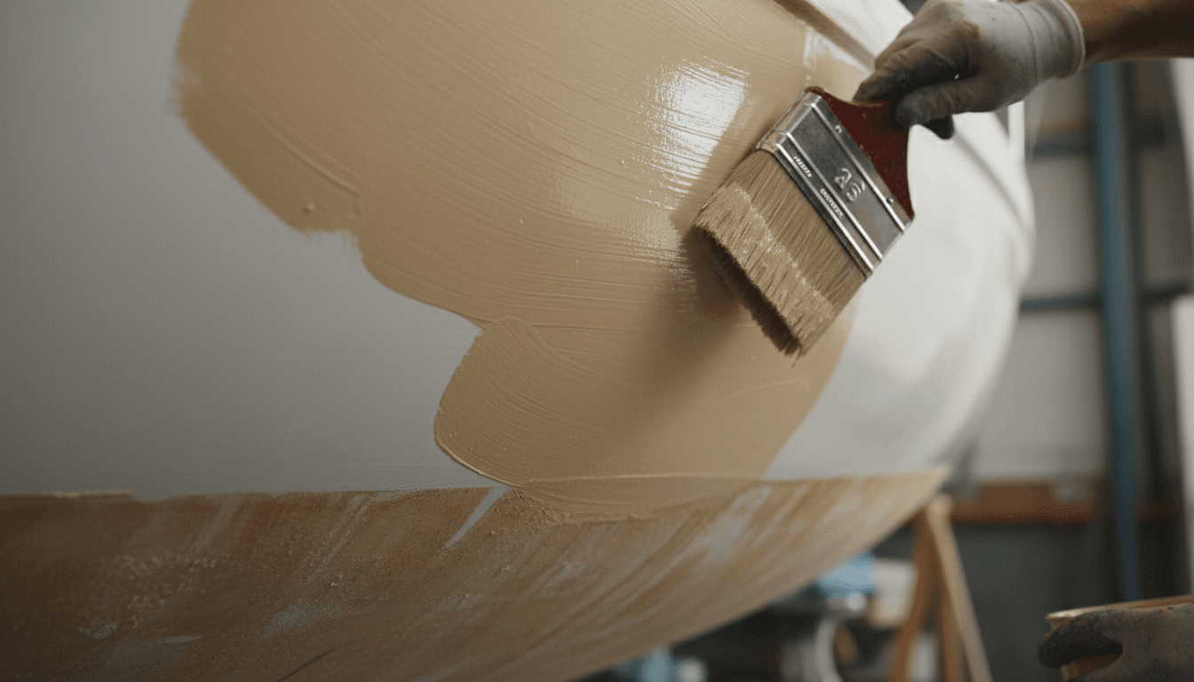 Fresh epoxy coating applied to prepared hull sections during restoration