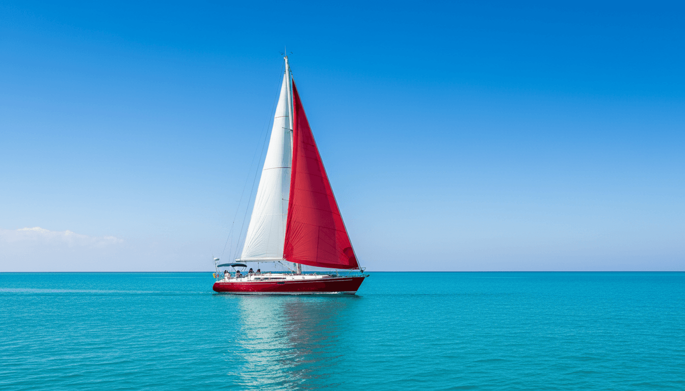 Red and white sailboat sailing on open water during Great Loop journey