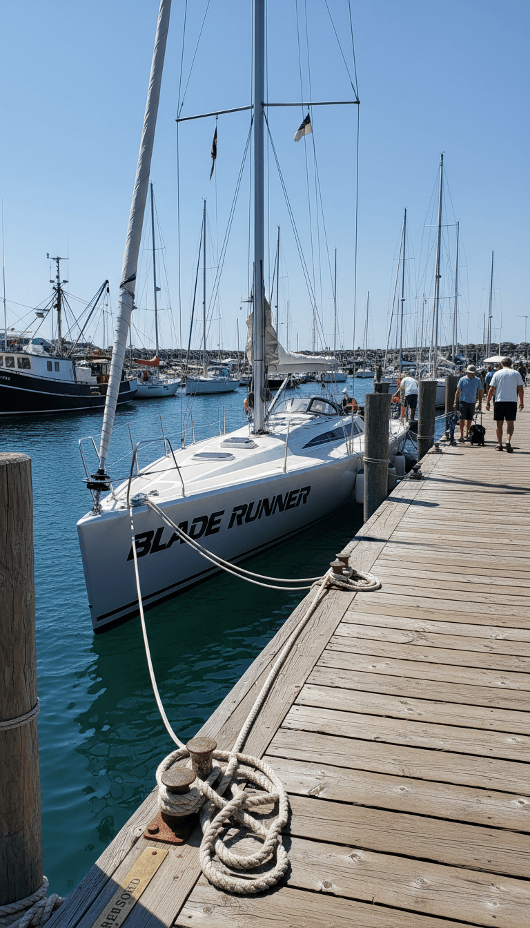BladeRunner docked at a busy marina along the Great Loop route