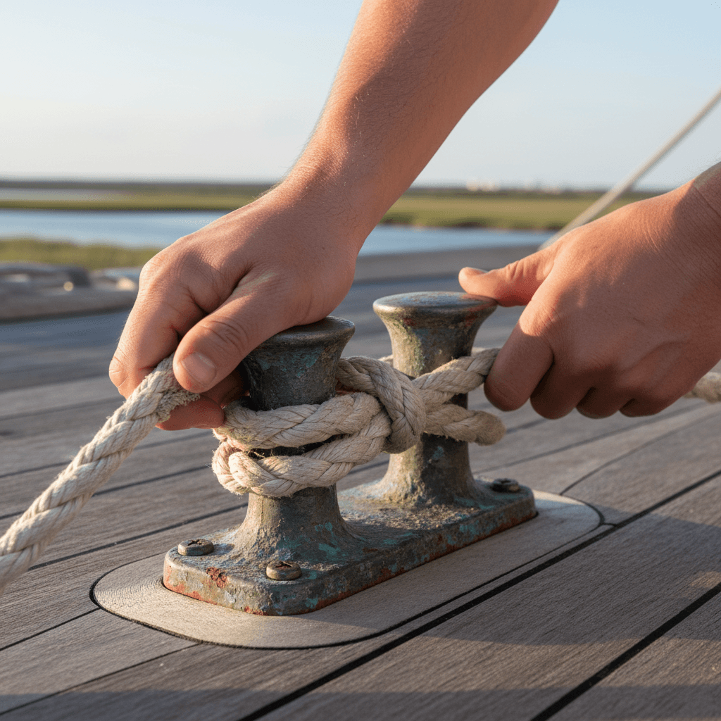 Hands securing dock line to boat cleat