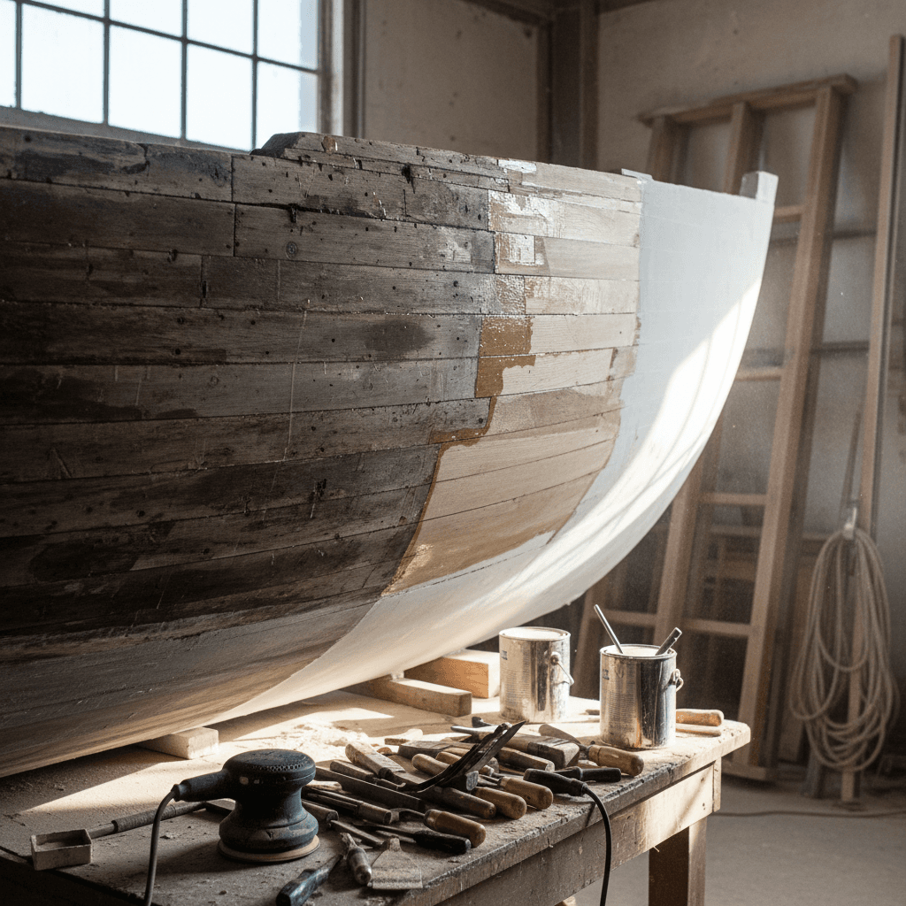 Hull assessment and repair work in progress