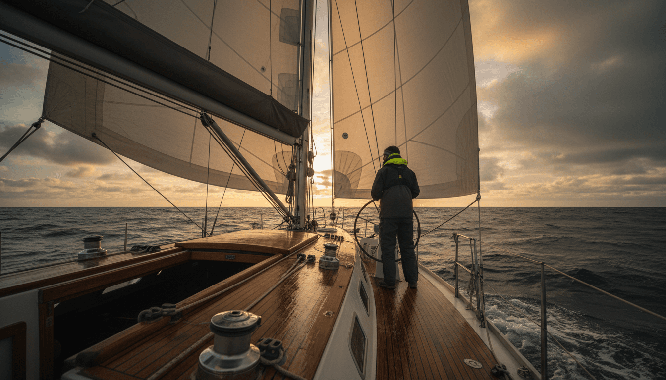 Matt at the helm of the sailboat