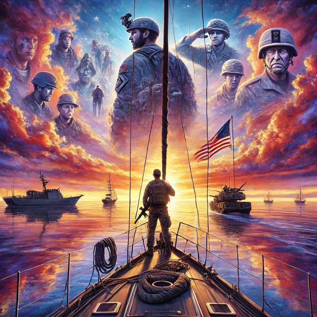 Soldier on a boat at sunset with ghostly military portraits in the vibrant clouds.